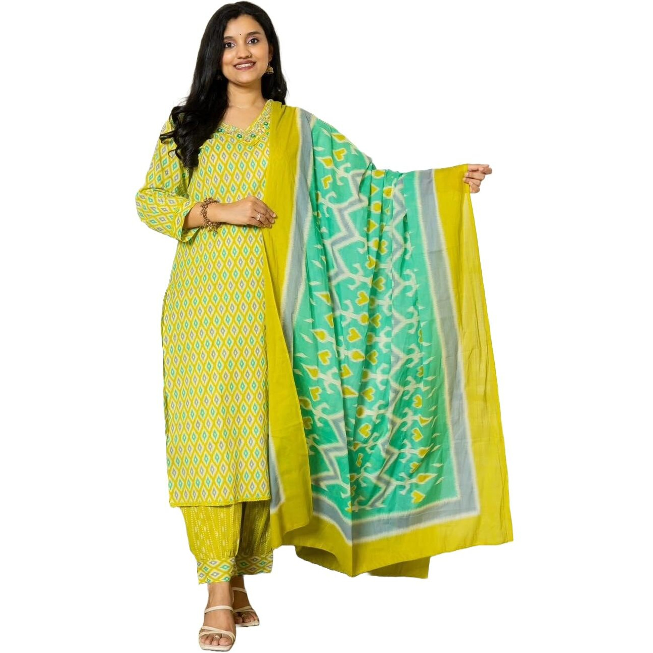 Nermosa Women Ikat Printed Kurta And Pant Set With Dupatta (In, Alpha, S, Green)