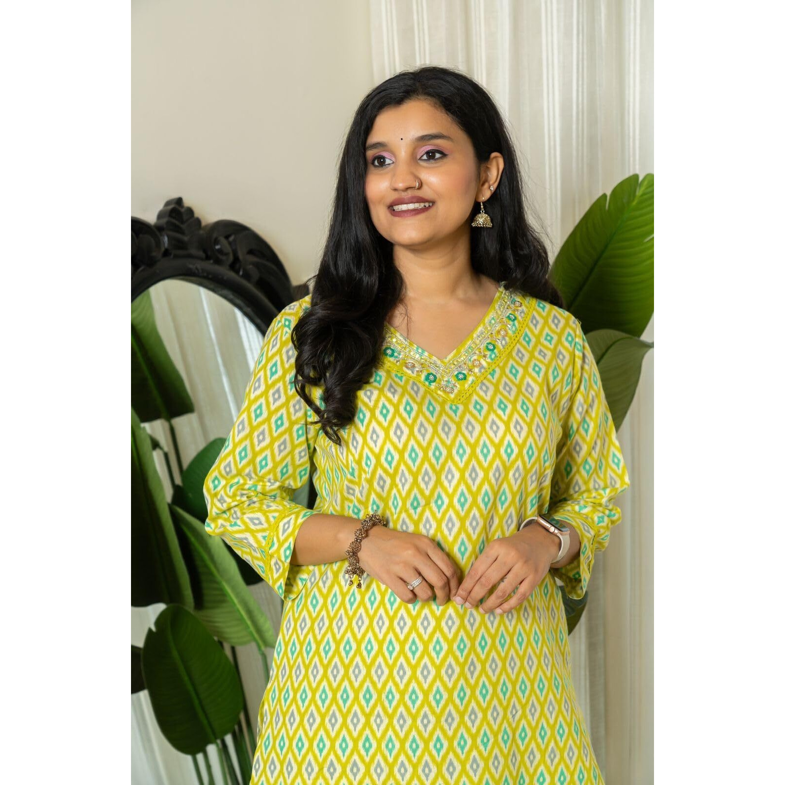 Nermosa Women Ikat Printed Kurta And Pant Set With Dupatta (In, Alpha, S, Green)