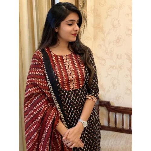 Pinkmint Women's Cotton Blend Kurta Set L Stylish Printed Straight Kurta With Pant & Dupatta L Fancy Ethnic Set Black