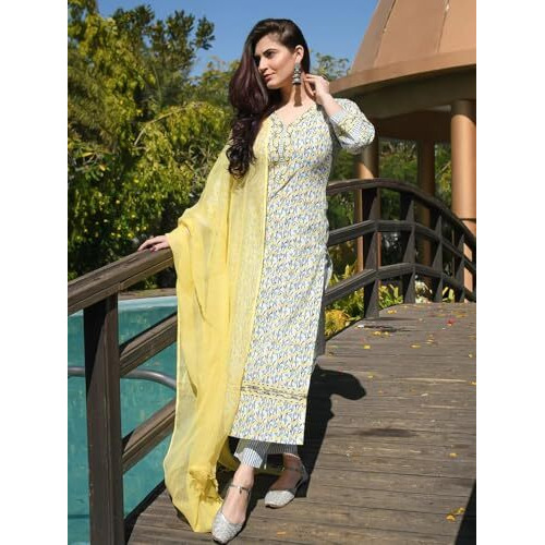Pinkmint Women's Cotton Blend Kurta Set L Stylish Printed Straight Kurta With Pant & Dupatta L Fancy Ethnic Set (Pack Of 1) Yellow