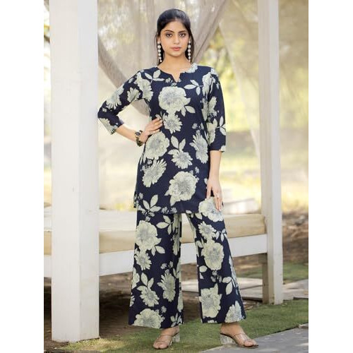 Pinkmint Pure Cotton Co Ord Set For Women L Flower & Leaf Pattern Set L 3/4 Sleeve Co Ord Set