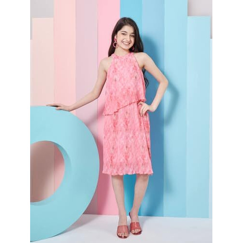 Pspeaches Girl's Round Neck A-Line Midi Pink Dress Styley Fashionable Perfect For Party & Casual Wear (12-13Years)