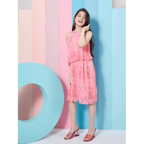 Pspeaches Girl's Round Neck A-Line Midi Pink Dress Styley Fashionable Perfect For Party & Casual Wear (12-13Years)