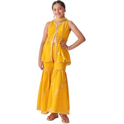 Pspeaches Girl's Georgette Sharara Set (Sha-Yellowleheriyaseq-10-12Y_Yellow