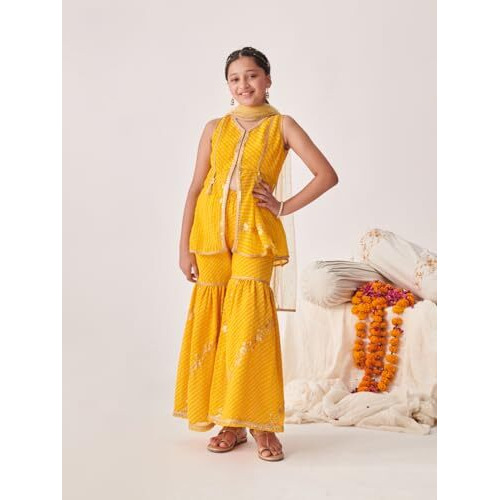 Pspeaches Girl's Georgette Sharara Set (Sha-Yellowleheriyaseq-10-12Y_Yellow