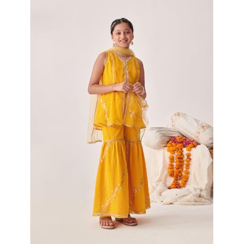Pspeaches Girl's Georgette Sharara Set (Sha-Yellowleheriyaseq-10-12Y_Yellow