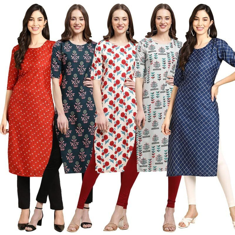 Pinkmint Elegant Printed Crepe Kurti's For Women's (Pack Of 5)