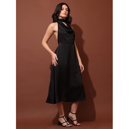 Purvaja Womens Fit & Flared Satin Dress (Floe-131-L_Black)