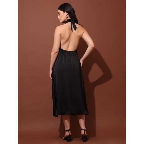 Purvaja Womens Fit & Flared Satin Dress (Floe-131-L_Black)