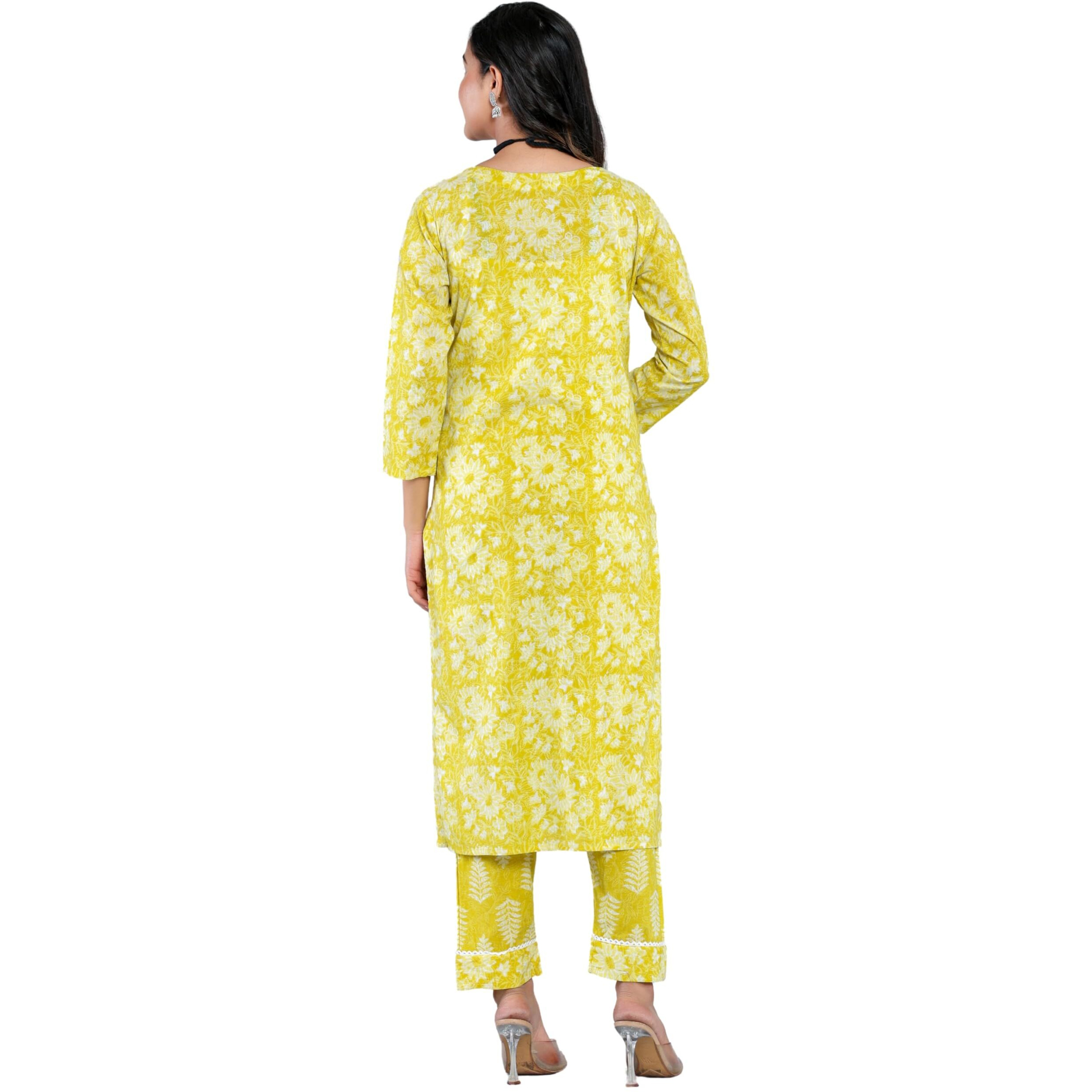 Rytras Women's Cotton Printed Straight Kurta With Palazzo Pant And Dupatta Set(Ryt569,New,Yellow,Xxl)