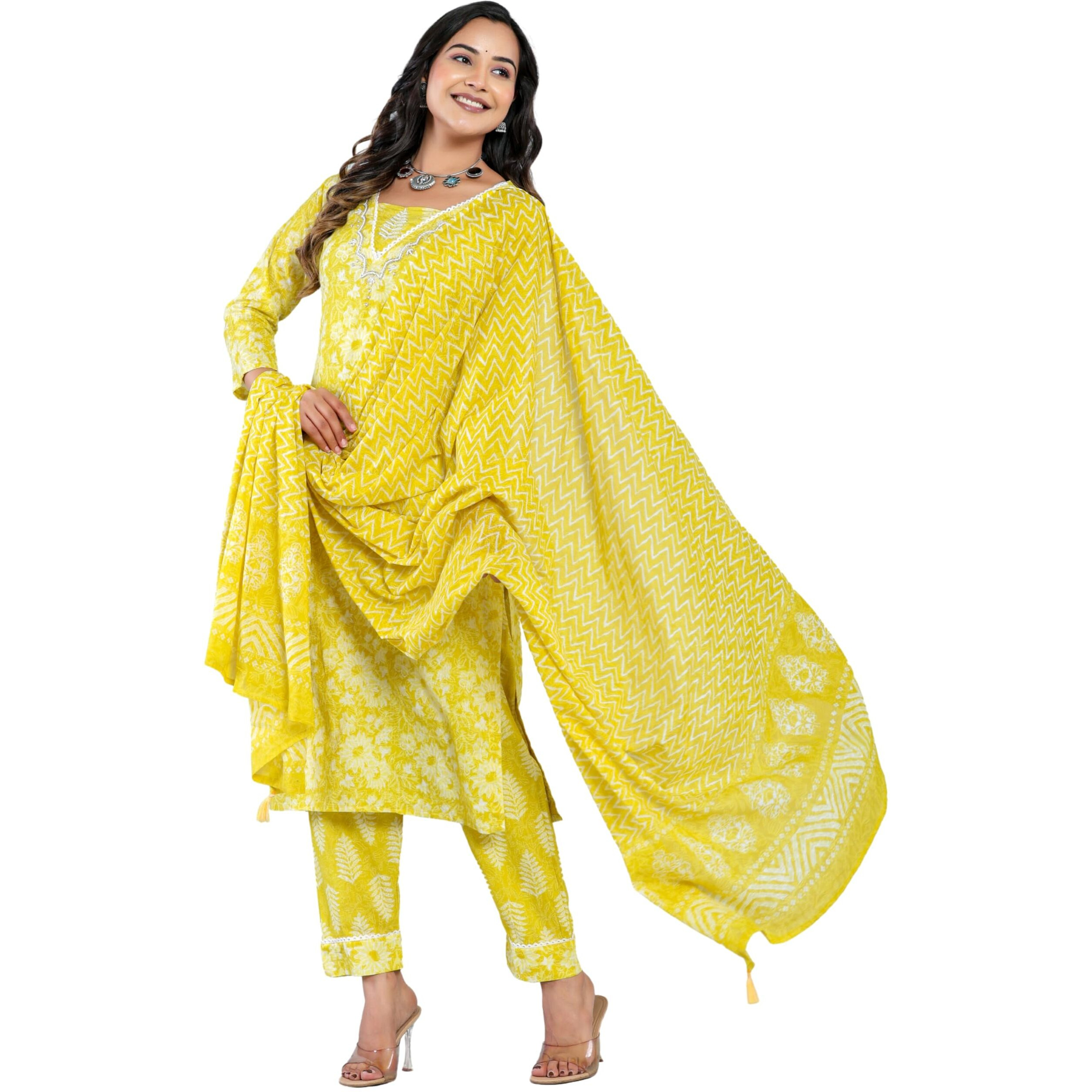 Rytras Women's Cotton Printed Straight Kurta With Palazzo Pant And Dupatta Set(Ryt569,New,Yellow,Xxl)
