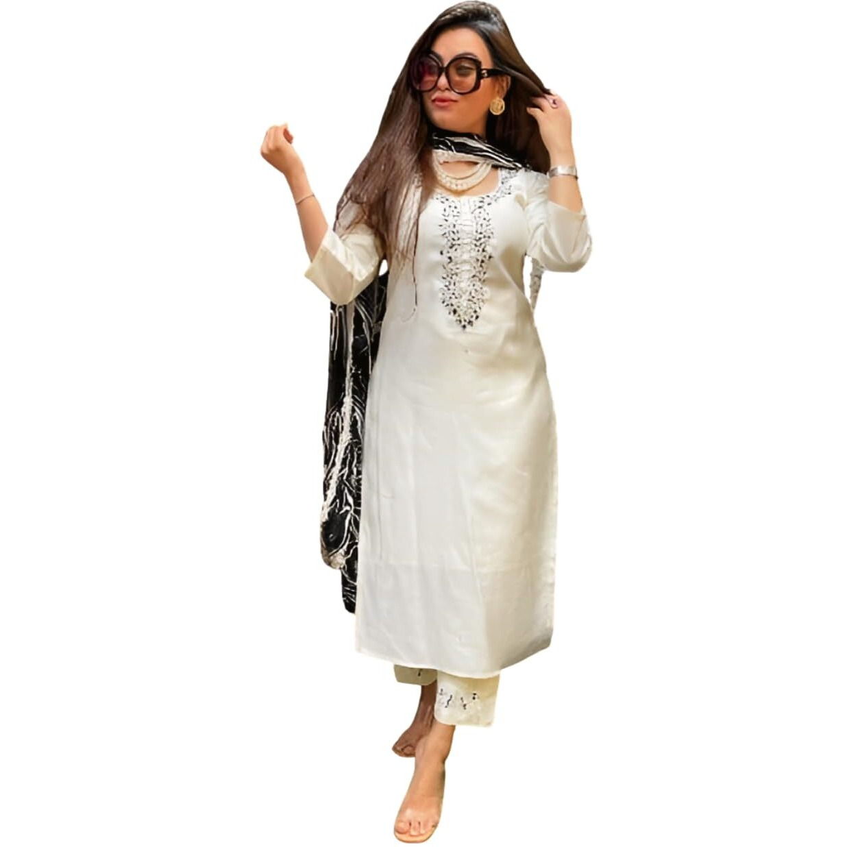 Shiv Textiles Women's Viscose Rayon Embroidered Kurta Pant Dupatta Set(Jda-Reshma-Cream-M)