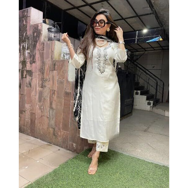 Shiv Textiles Women's Viscose Rayon Embroidered Kurta Pant Dupatta Set(Jda-Reshma-Cream-M)