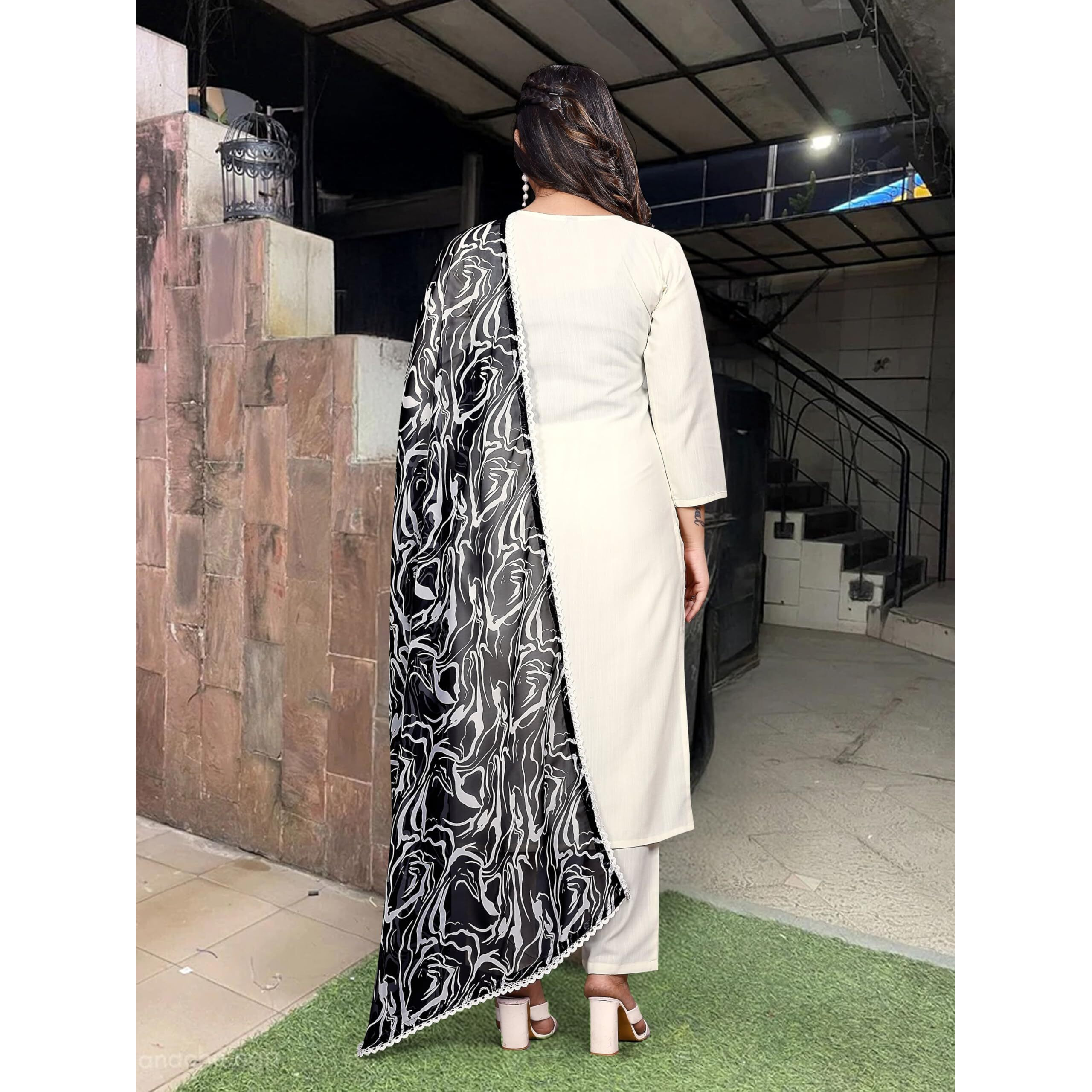 Shiv Textiles Women's Viscose Rayon Embroidered Kurta Pant Dupatta Set(Jda-Reshma-Cream-M)