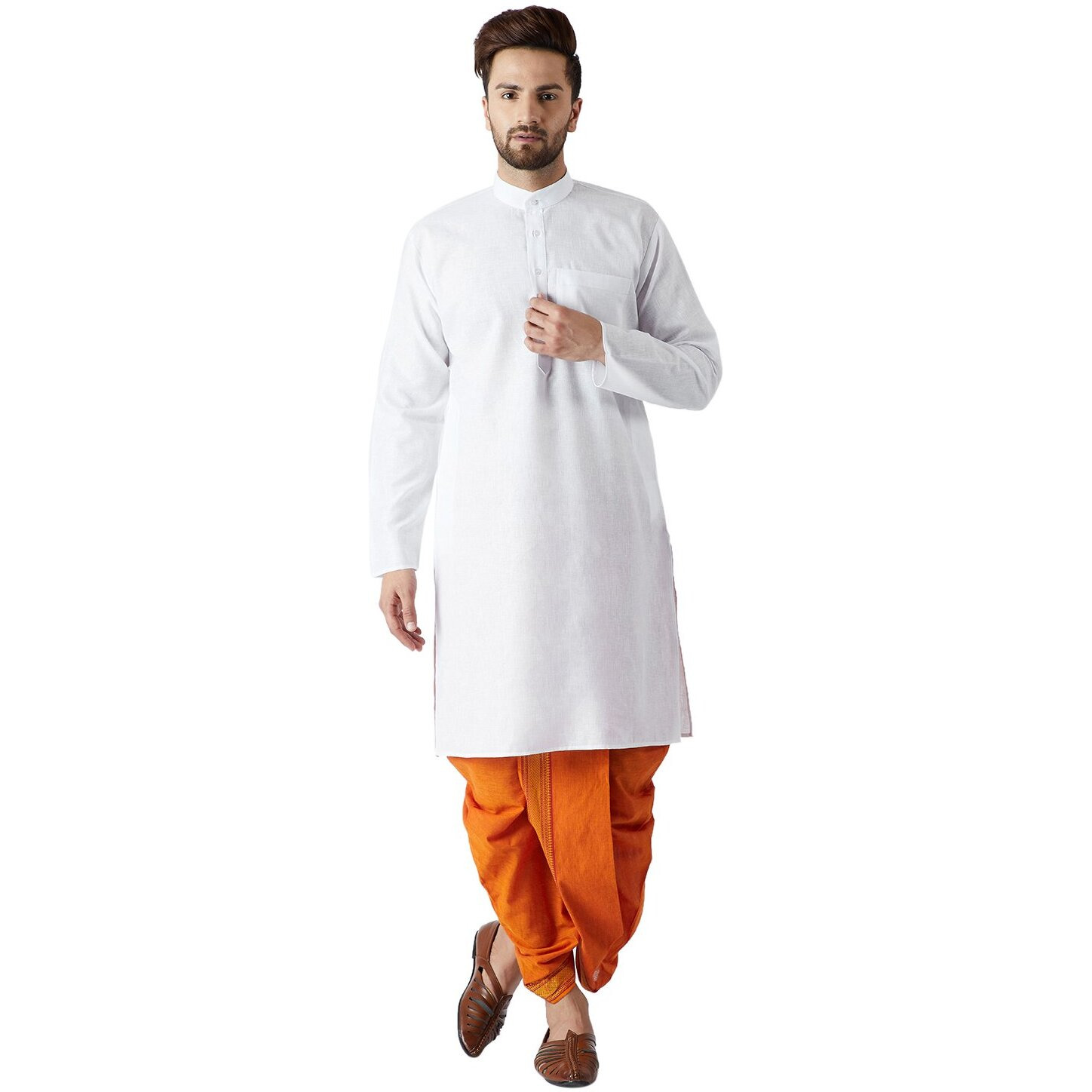 Sojanya (Since 1958, Men's White & Orange Cotton Kurta & Dhoti Set, Size L