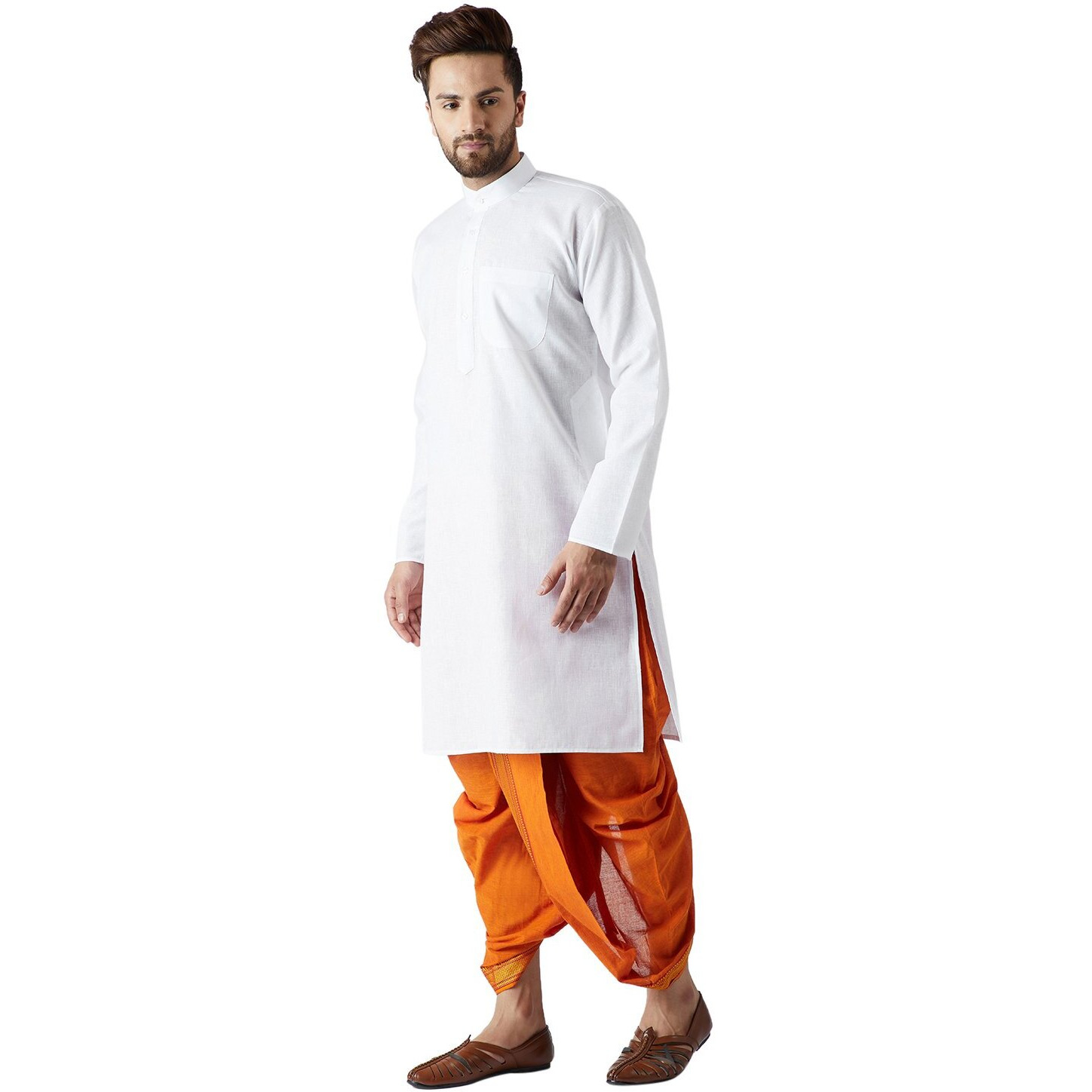 Sojanya (Since 1958, Men's White & Orange Cotton Kurta & Dhoti Set, Size L