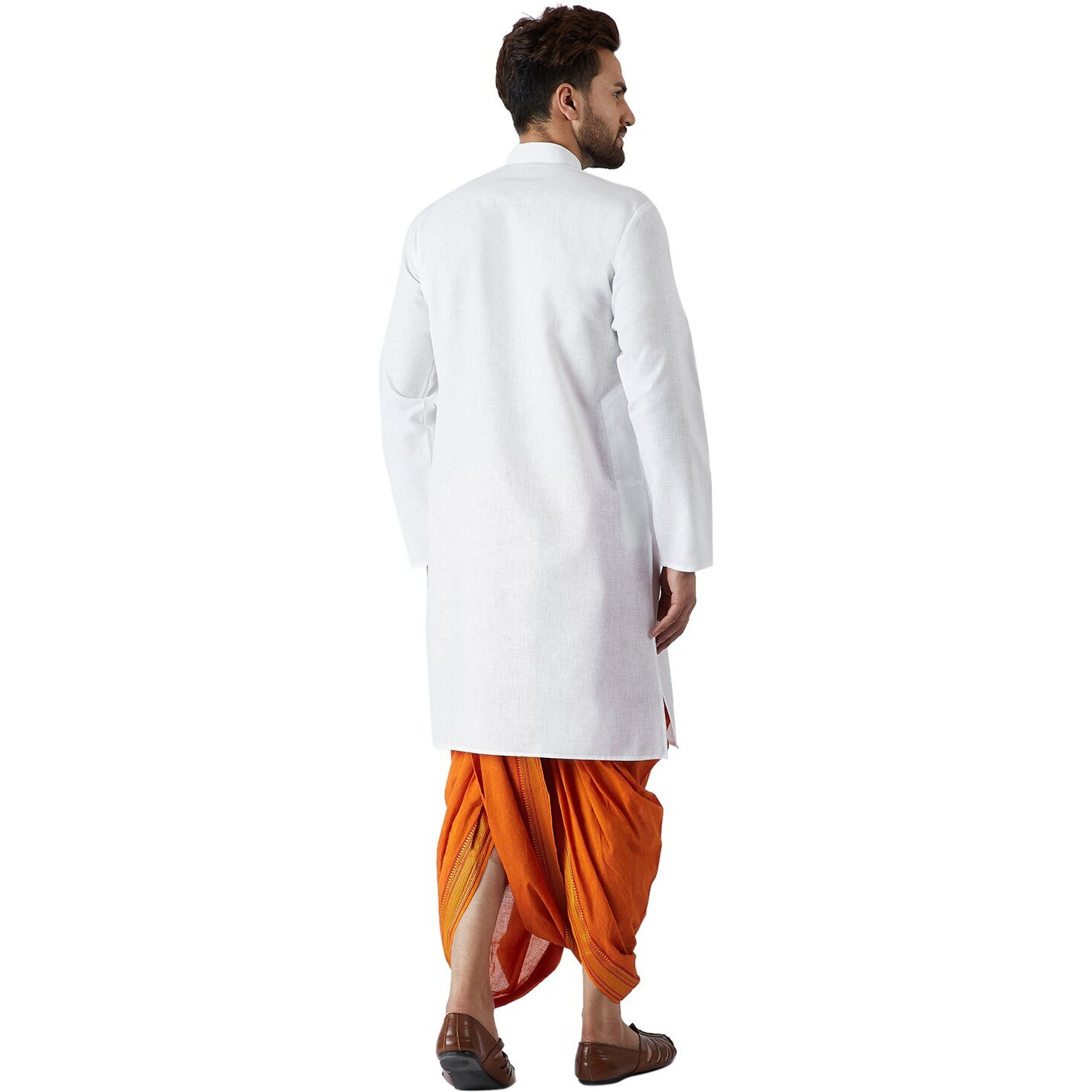 Sojanya (Since 1958, Men's White & Orange Cotton Kurta & Dhoti Set, Size L