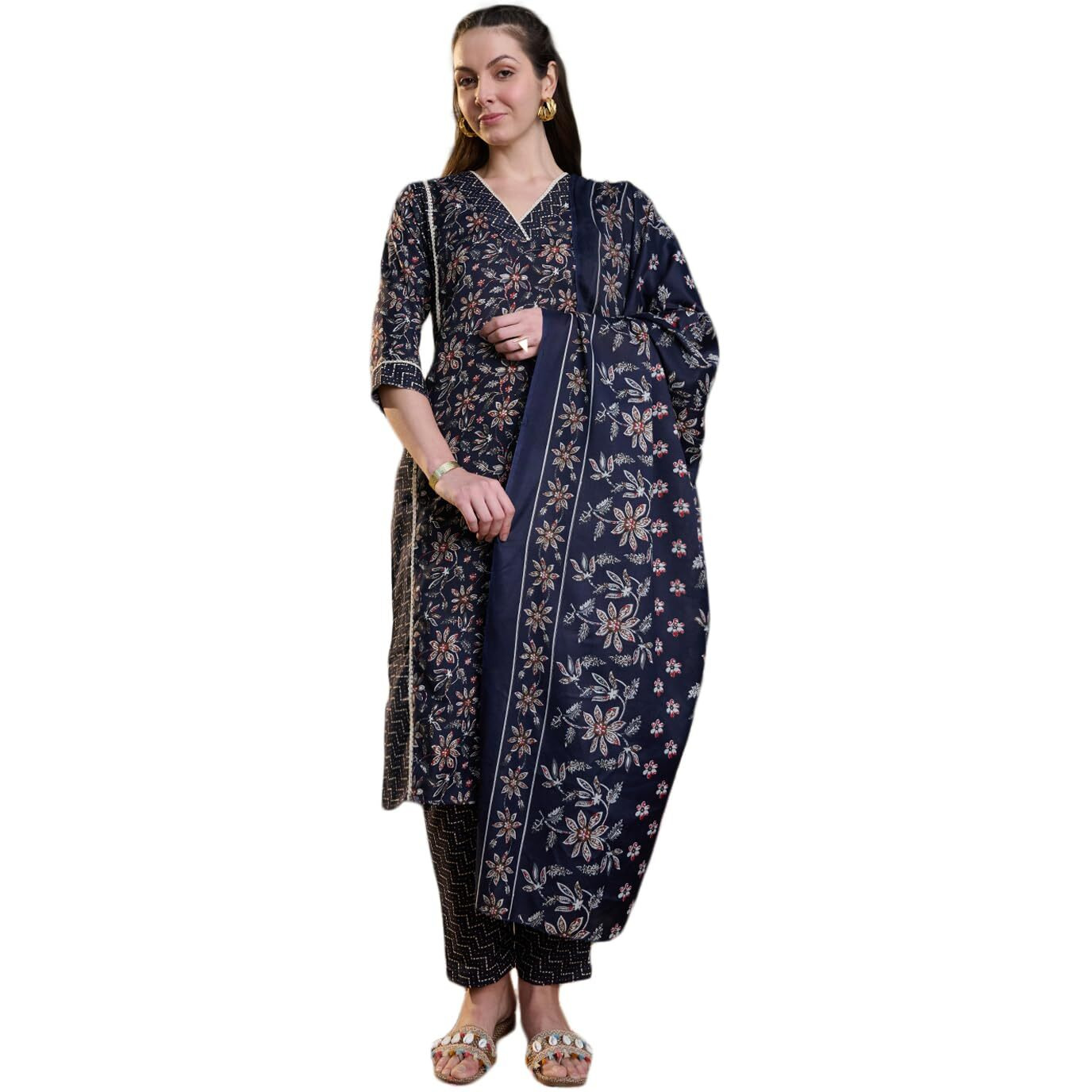 Stylum Women's Ethnic Printed Cotton Blend Straight Kurta Pant Dupatta Set (Kpdbluetifni38_Blue, M)
