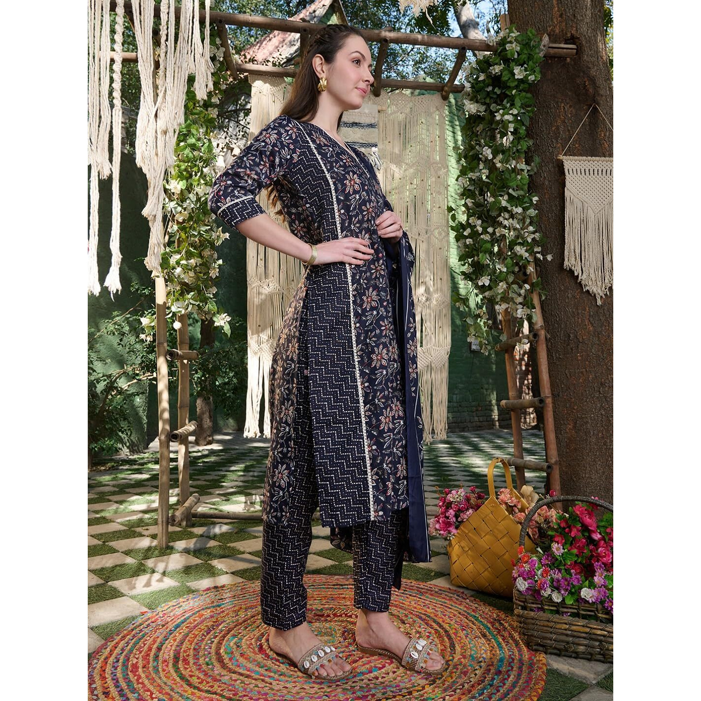 Stylum Women's Ethnic Printed Cotton Blend Straight Kurta Pant Dupatta Set (Kpdbluetifni38_Blue, M)