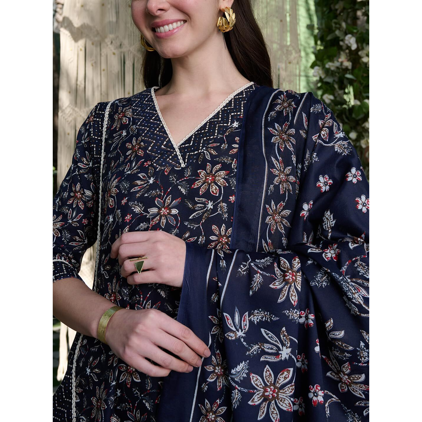 Stylum Women's Ethnic Printed Cotton Blend Straight Kurta Pant Dupatta Set (Kpdbluetifni38_Blue, M)