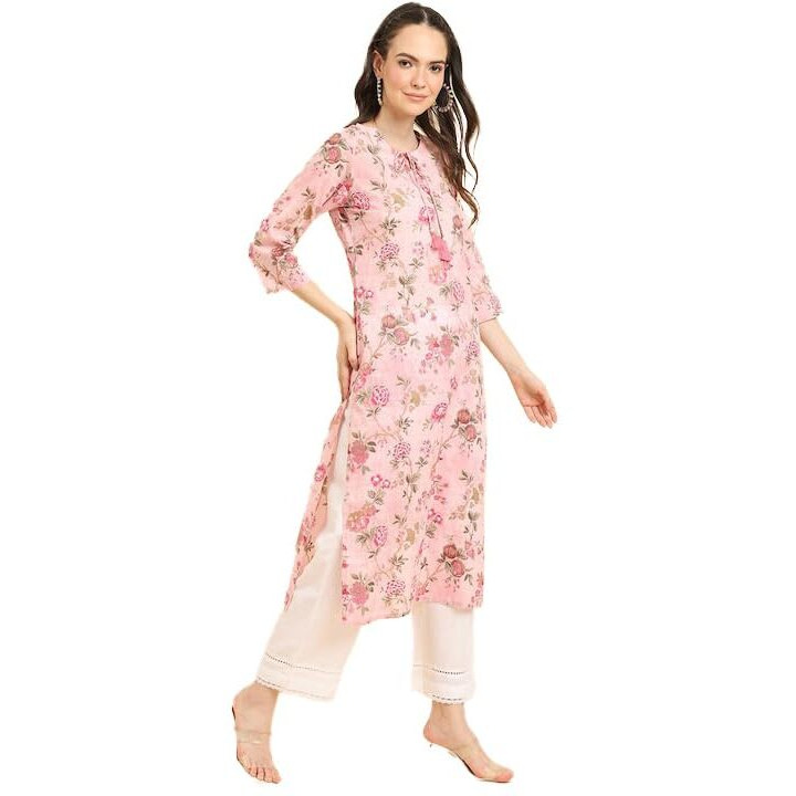 Varanga Women's Pink Floral Printed V-Neck 3/4 Sleeve Straight Kurta - Elegant & Comfortable (Small)