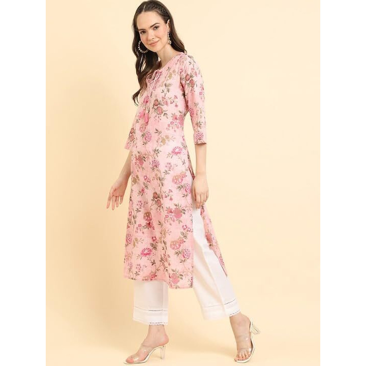 Varanga Women's Pink Floral Printed V-Neck 3/4 Sleeve Straight Kurta - Elegant & Comfortable (Small)