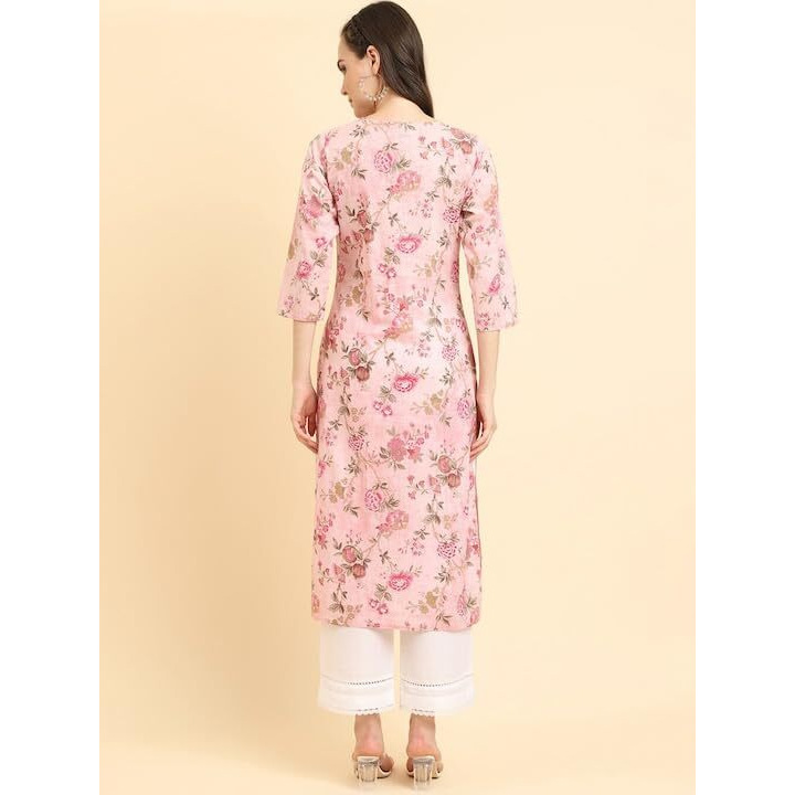 Varanga Women's Pink Floral Printed V-Neck 3/4 Sleeve Straight Kurta - Elegant & Comfortable (Small)
