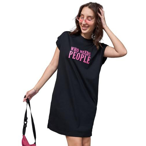 Bewakoof Women's Typography Oversized Fit Sleeveless Round Neck Cotton Jersey T-Shirt Dress_627783_Black_M