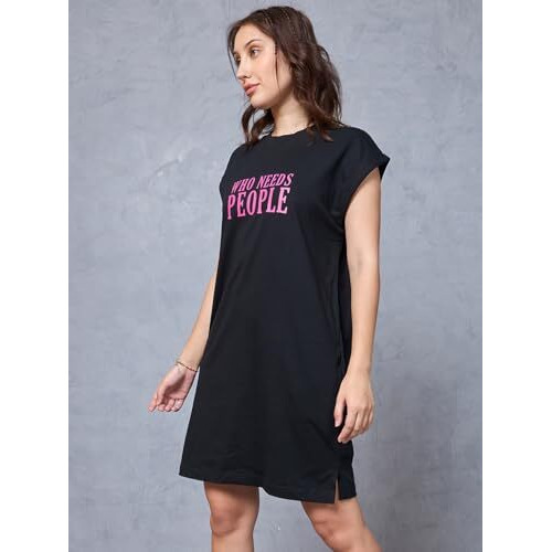 Bewakoof Women's Typography Oversized Fit Sleeveless Round Neck Cotton Jersey T-Shirt Dress_627783_Black_M