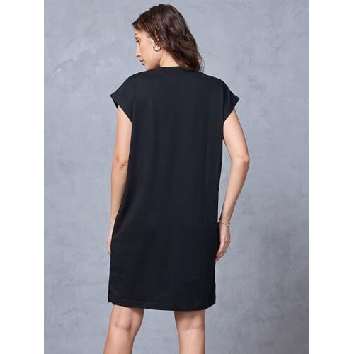 Bewakoof Women's Typography Oversized Fit Sleeveless Round Neck Cotton Jersey T-Shirt Dress_627783_Black_M