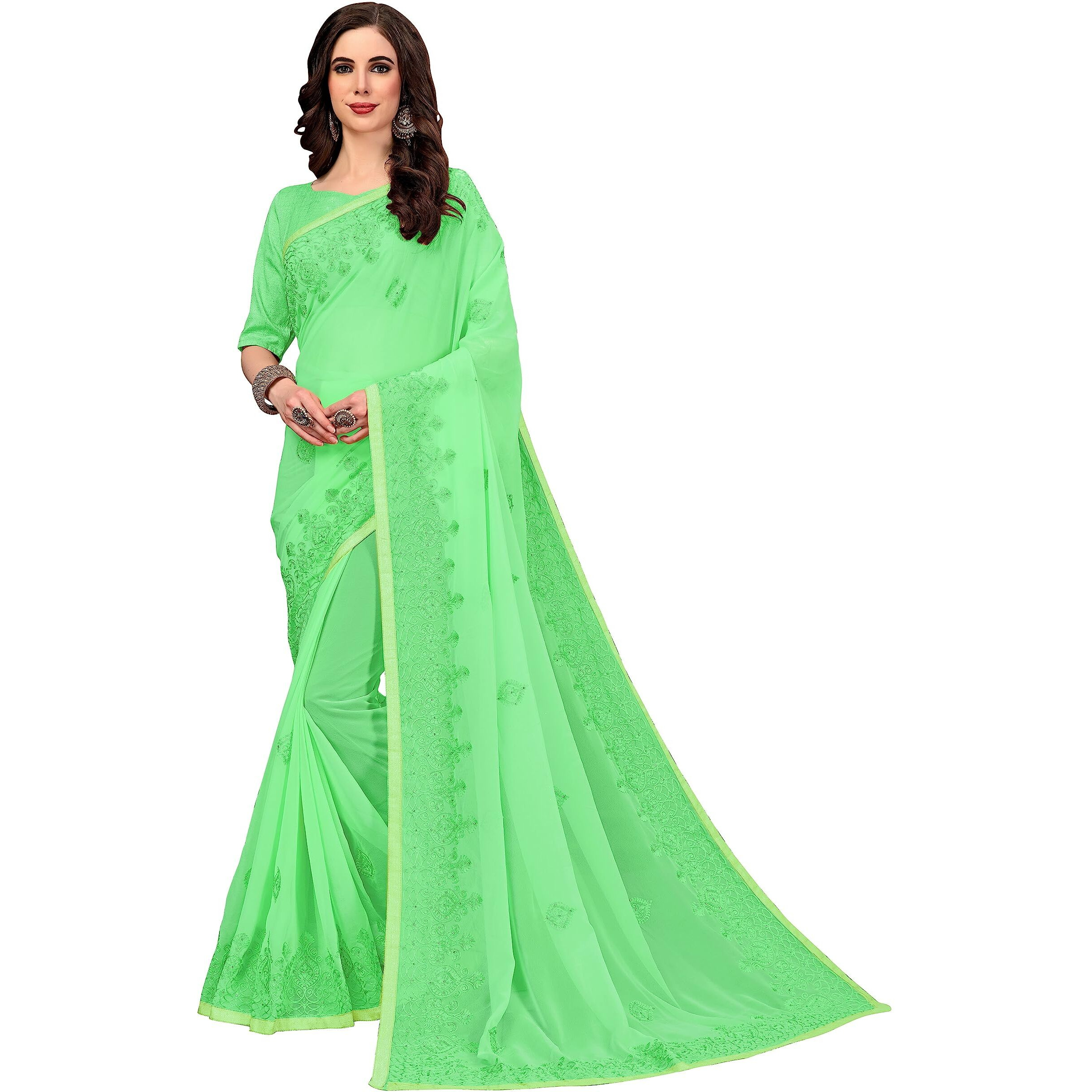 Glory Sarees Plain Weave Georgette Saree With Blouse Piece (Gs_Taj101_Green)