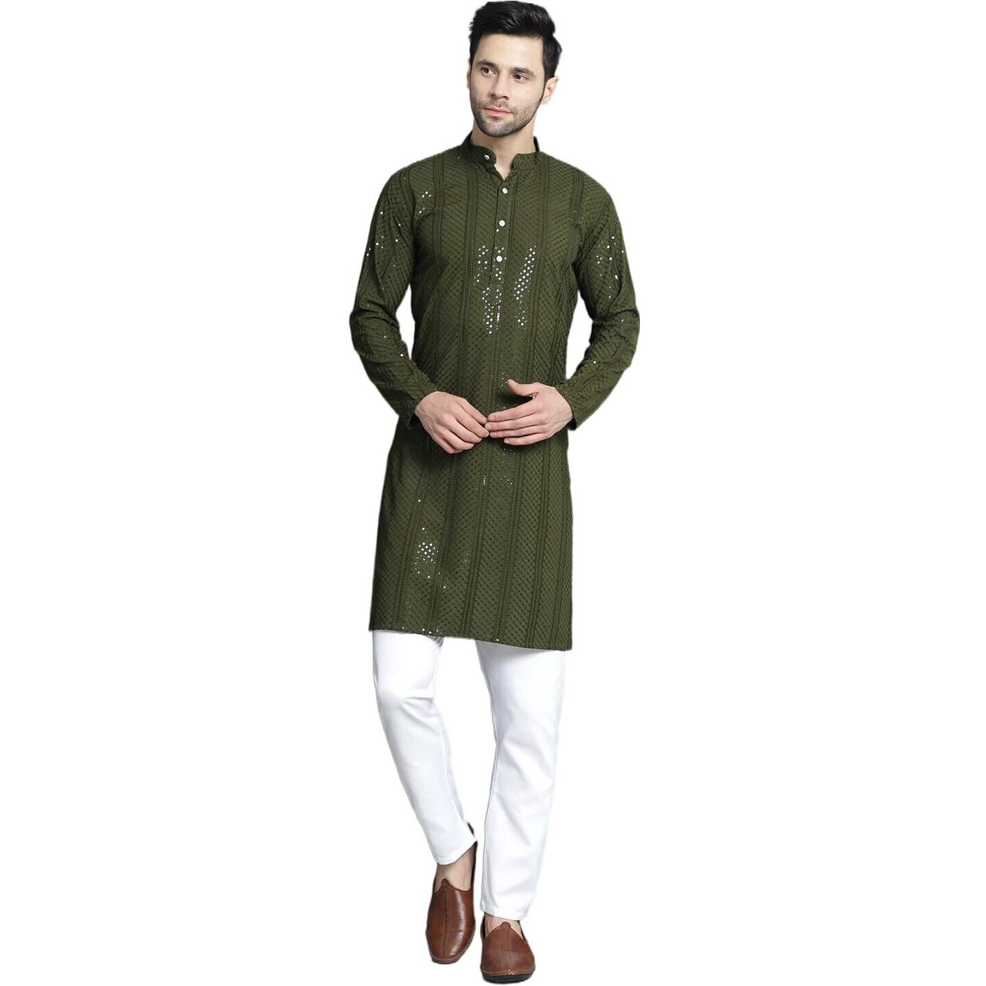 Jompers Men's Mehndi Sequins Chikankari Embroidered Kurta With Pyjama. (Mehndi, S)