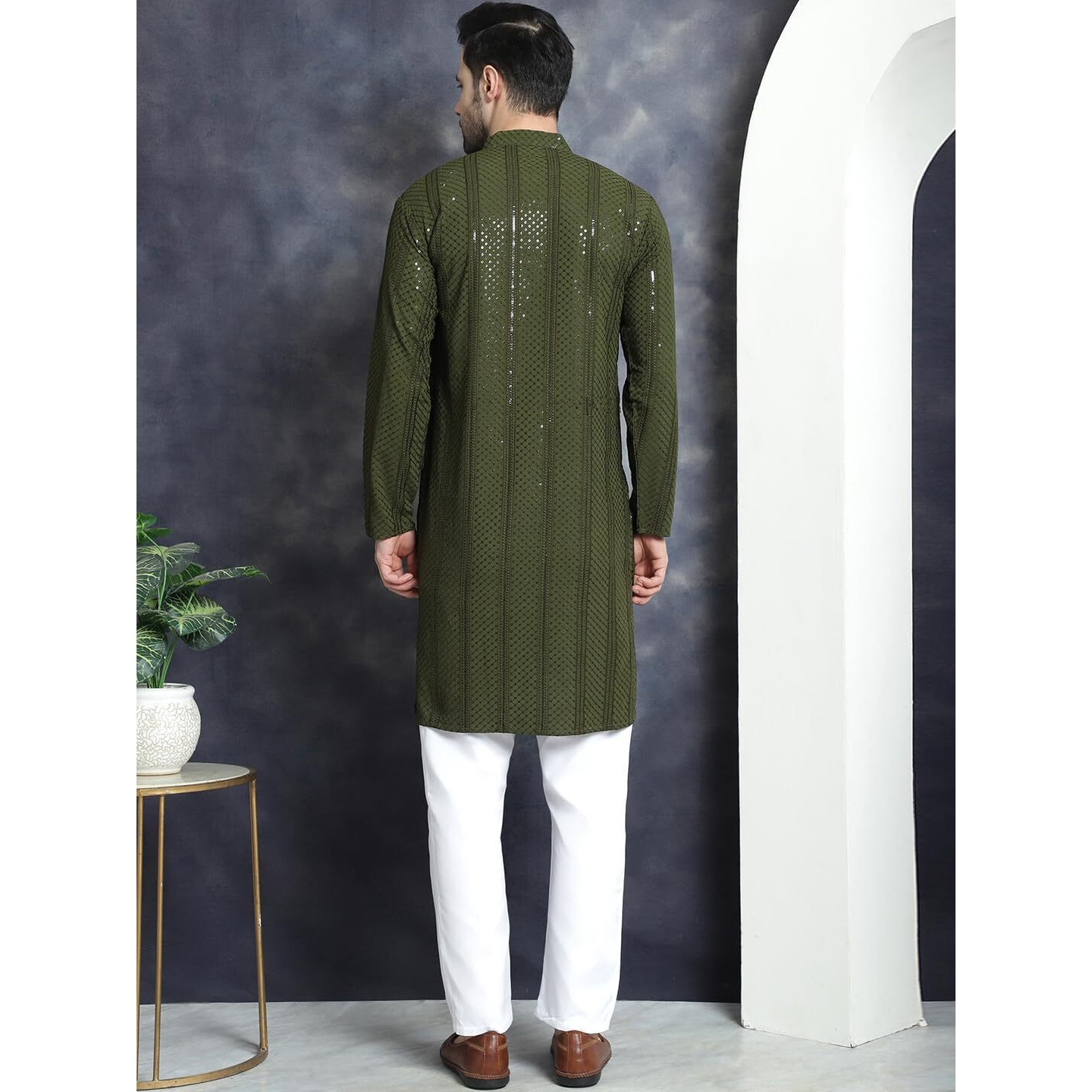 Jompers Men's Mehndi Sequins Chikankari Embroidered Kurta With Pyjama. (Mehndi, S)