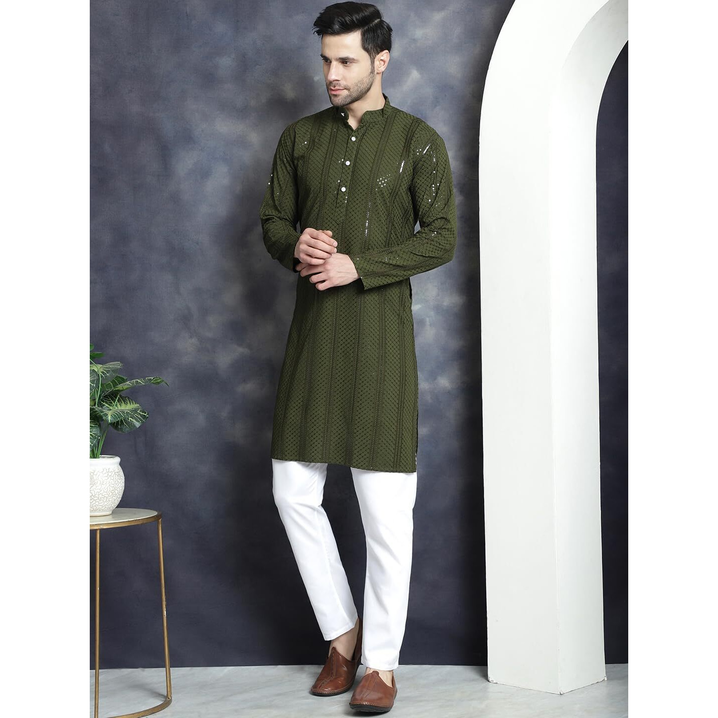 Jompers Men's Mehndi Sequins Chikankari Embroidered Kurta With Pyjama. (Mehndi, S)