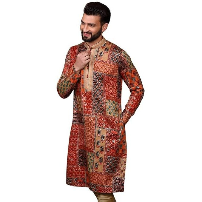 Kisah Men Kurta, Cotton, Full Sleaves, Knee Length, Straight, Regular Fit, Mandarin Collar Ethnic Wear, Red, 38