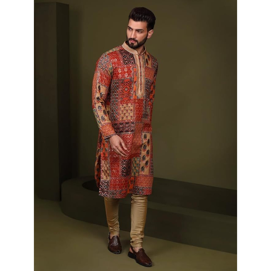 Kisah Men Kurta, Cotton, Full Sleaves, Knee Length, Straight, Regular Fit, Mandarin Collar Ethnic Wear, Red, 38