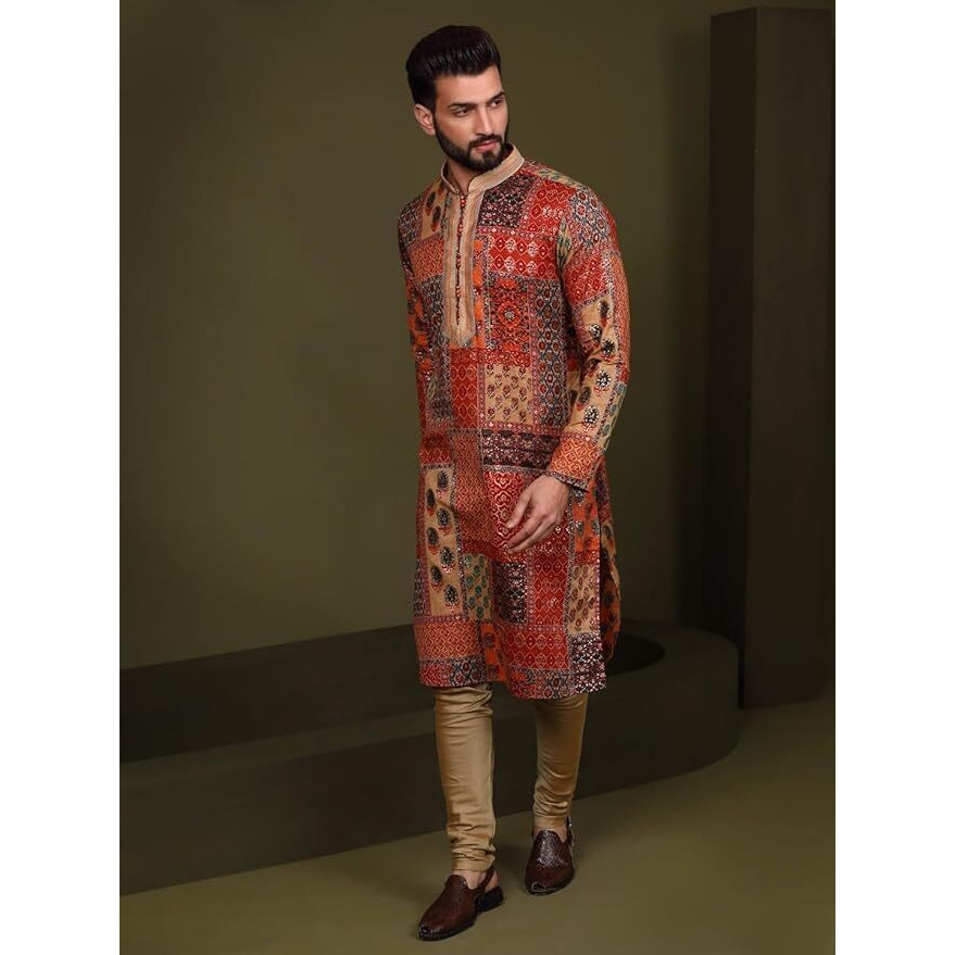 Kisah Men Kurta, Cotton, Full Sleaves, Knee Length, Straight, Regular Fit, Mandarin Collar Ethnic Wear, Red, 38