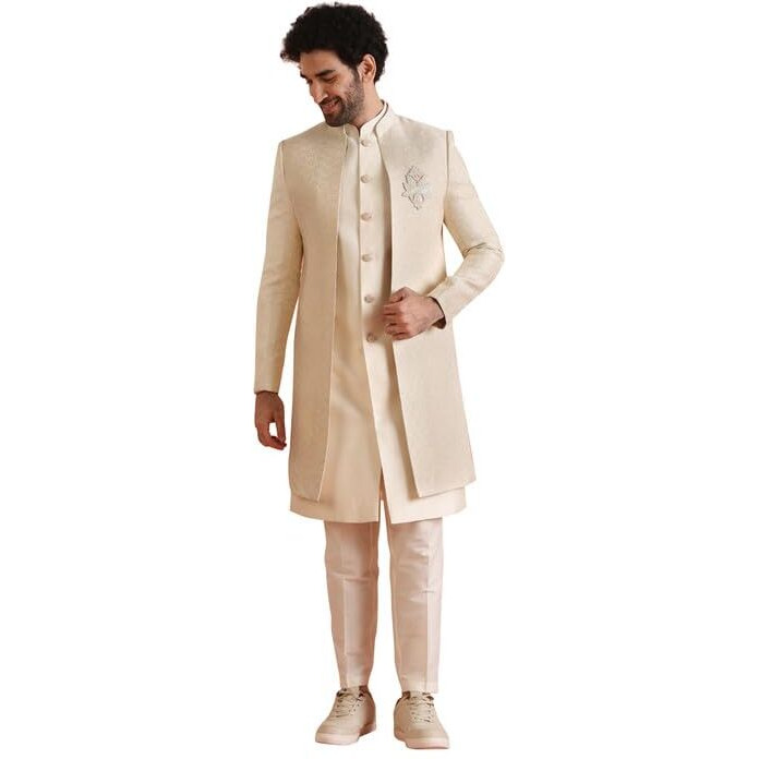 Kisah Mens Jacket Sherwani Trouser Set|Silk Blend Fabric Jacquard Pattern Indo-Western Ethnic Set For Men|Regular Fit Mandarin Collar Long Sleeves, Off White, 44
