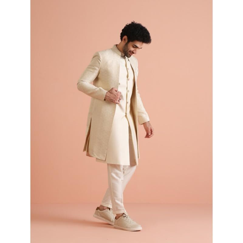 Kisah Mens Jacket Sherwani Trouser Set|Silk Blend Fabric Jacquard Pattern Indo-Western Ethnic Set For Men|Regular Fit Mandarin Collar Long Sleeves, Off White, 44