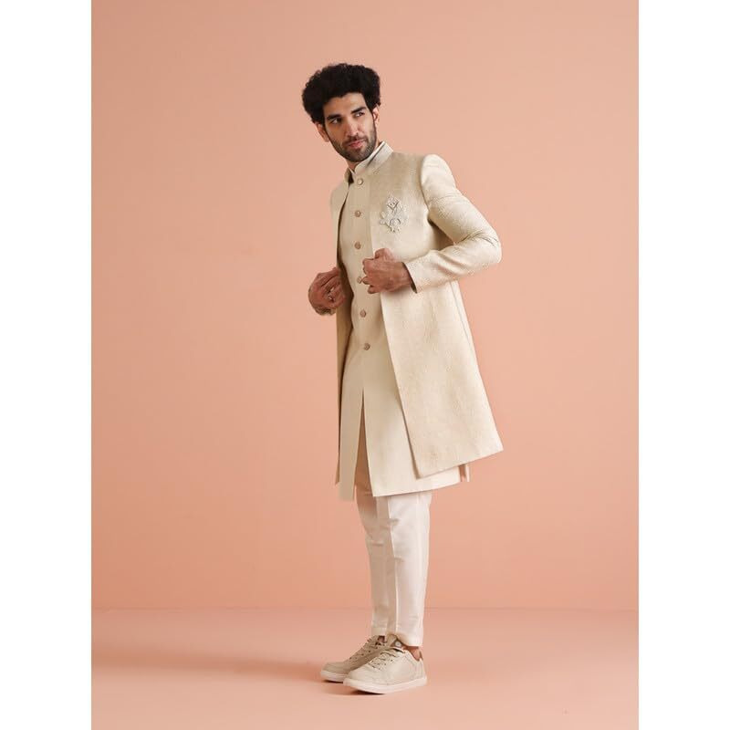 Kisah Mens Jacket Sherwani Trouser Set|Silk Blend Fabric Jacquard Pattern Indo-Western Ethnic Set For Men|Regular Fit Mandarin Collar Long Sleeves, Off White, 44