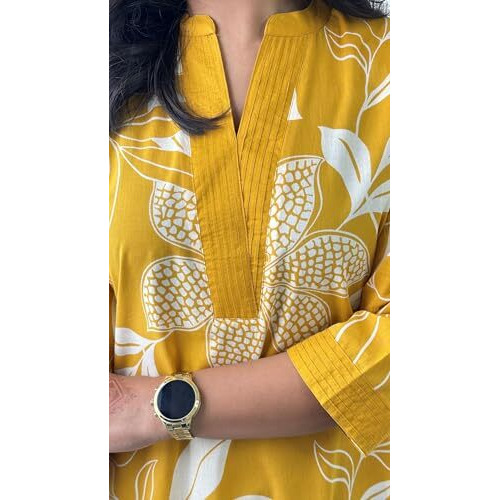 Lookmark Women's Floral Printed Cotton Blend 3/4Th Sleeve Knee Length V-Neck Kurta And Palazzo Set For Women (Az-Lm-Og-Ks2204 Yellow-Xxl)