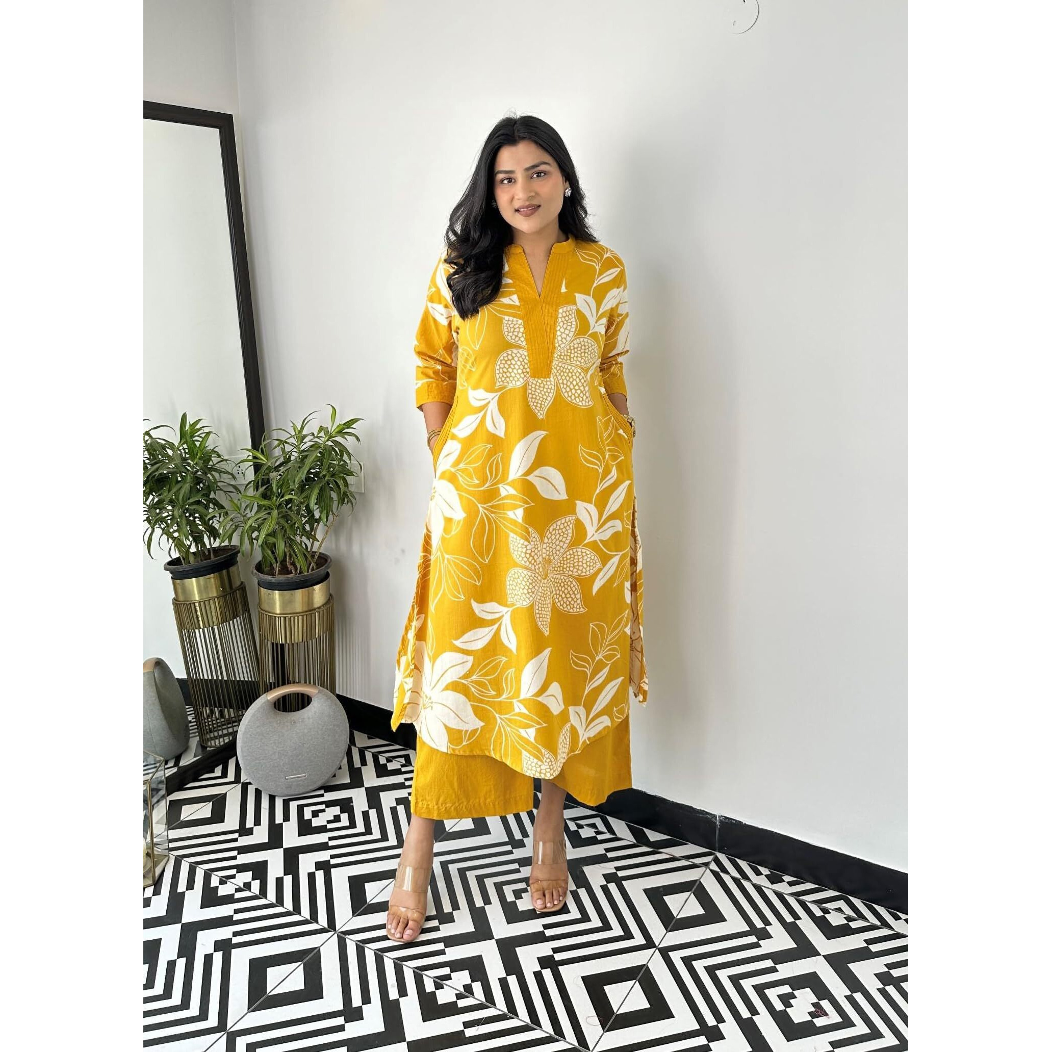 Lookmark Women's Floral Printed Cotton Blend 3/4Th Sleeve Knee Length V-Neck Kurta And Palazzo Set For Women (Az-Lm-Og-Ks2204 Yellow-Xxl)