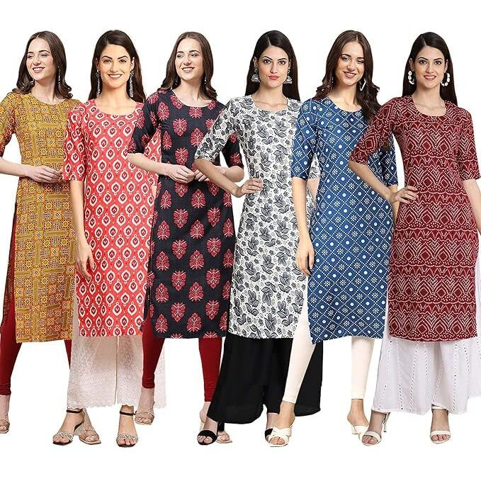 Pinkmint Women's Crepe Digital Print Straight Kurta [Pack Of 6] (Bd-333-346-345-357-353-374-L)