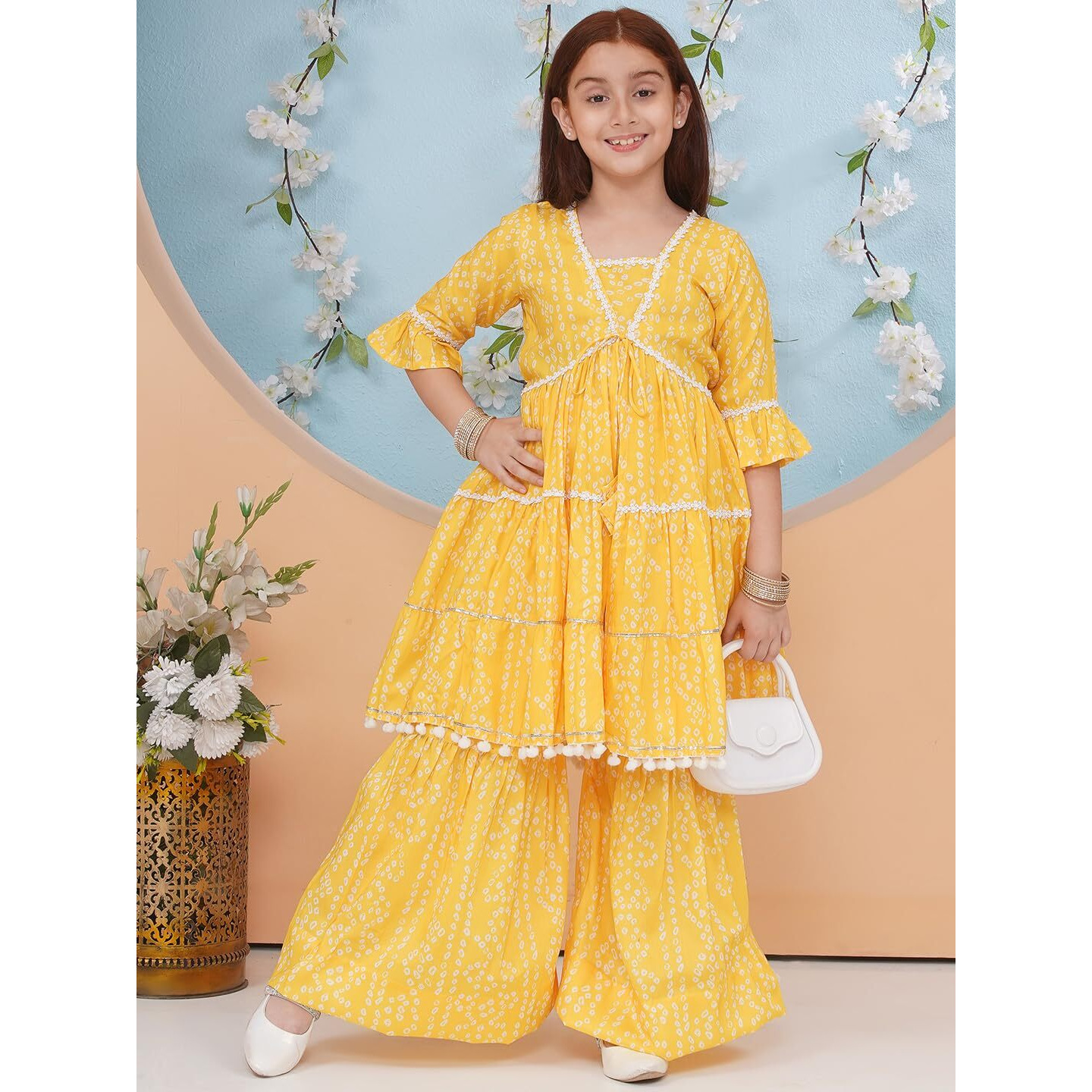 Preneum Girls's Cotton Rayon Bandhani & Lahariya Printed Angrakha Kurta With Sharara & Dupatta, Yellow, 7-8 Years