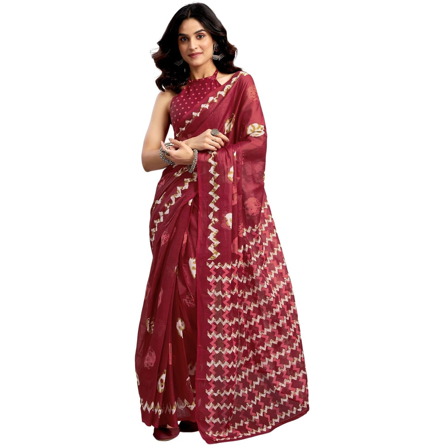 Satrani Women's Pure Cotton Batik Printed Ready To Wear Saree With Unstitched Blouse Piece (38Rs131_Dark Red)