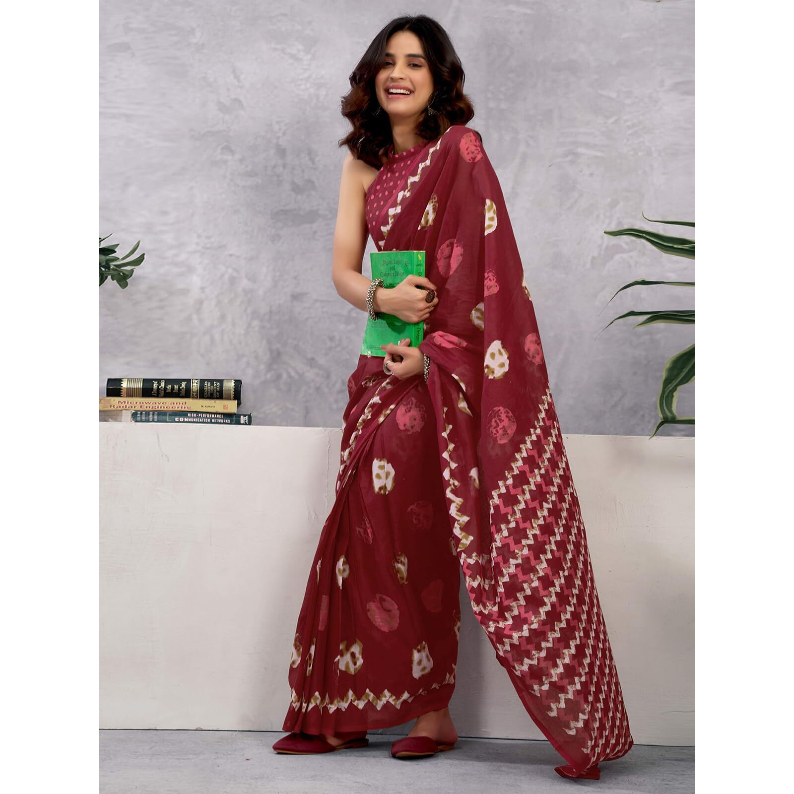 Satrani Women's Pure Cotton Batik Printed Ready To Wear Saree With Unstitched Blouse Piece (38Rs131_Dark Red)