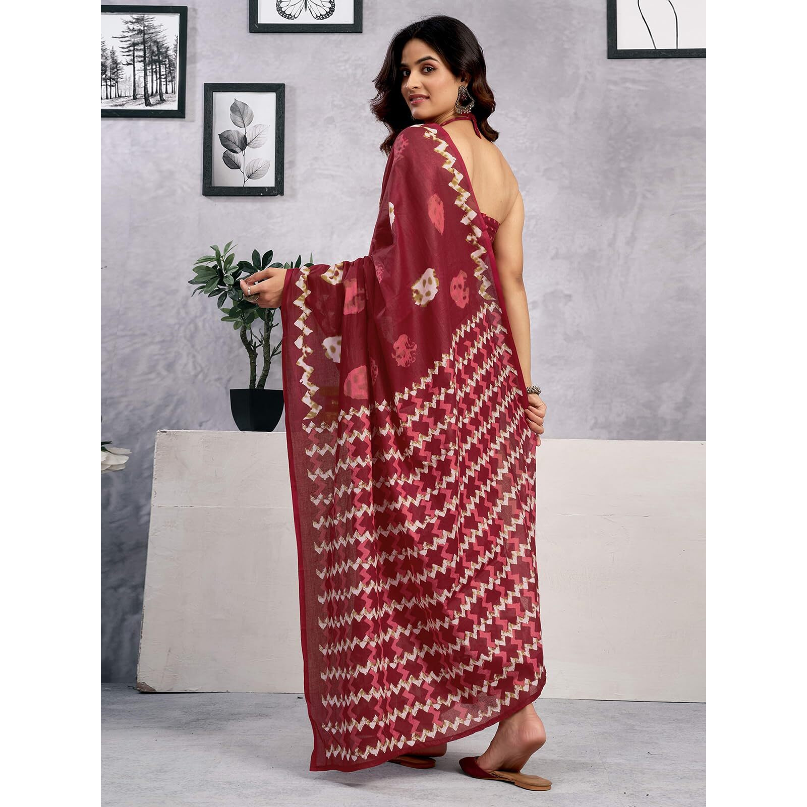 Satrani Women's Pure Cotton Batik Printed Ready To Wear Saree With Unstitched Blouse Piece (38Rs131_Dark Red)