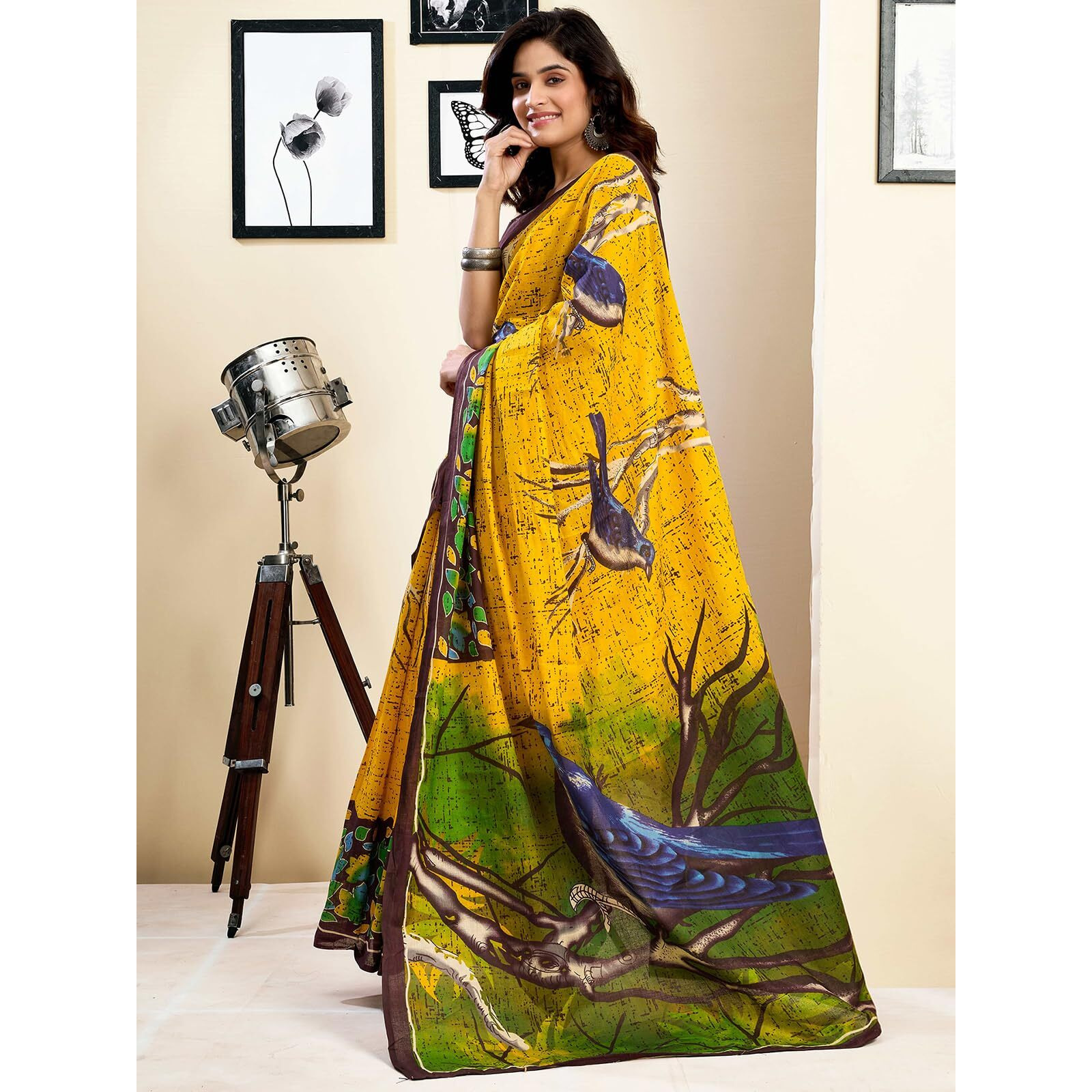 Satrani Women's Pure Cotton Printed Ready To Wear Saree With Pocket And Unstitched Blouse Piece (40Rs161_Yellow)