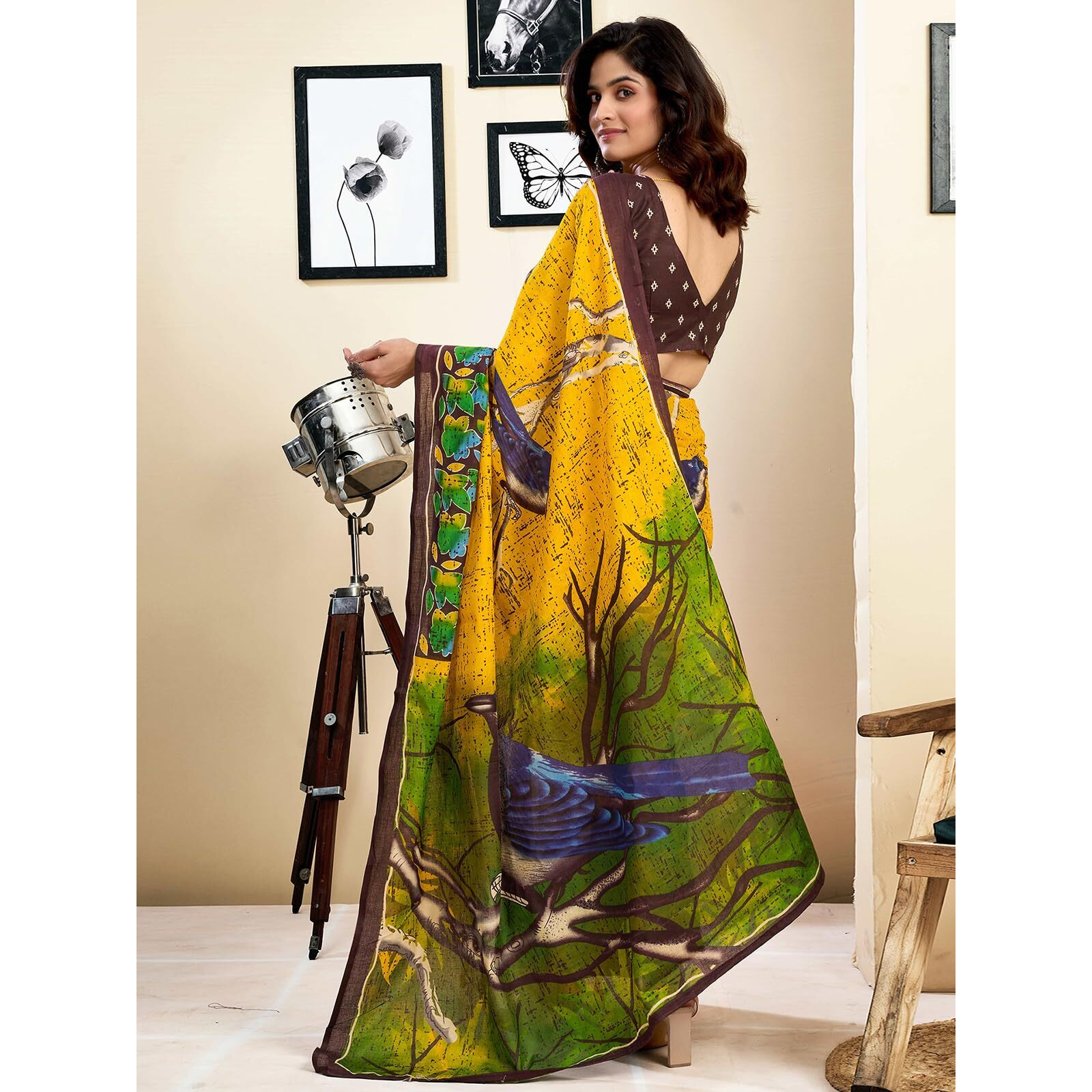 Satrani Women's Pure Cotton Printed Ready To Wear Saree With Pocket And Unstitched Blouse Piece (40Rs161_Yellow)