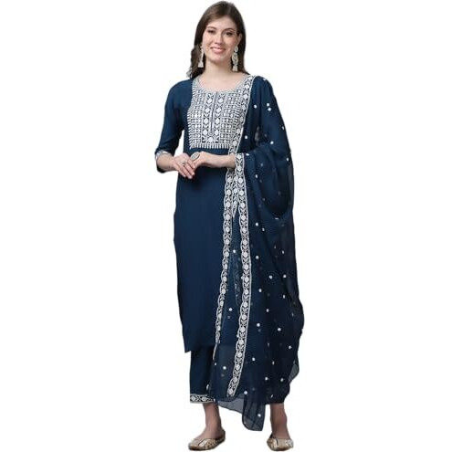 Alvami Women Embroidery Straight Kurta And Pant Set With Dupatta (Xxl) Blue